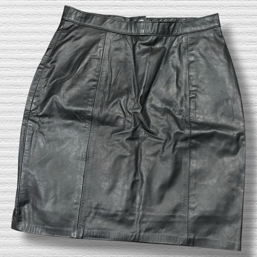 mgr Genuine Leather Skirt Black High Waist Pencil Lined Vintage USA 5/6 90s